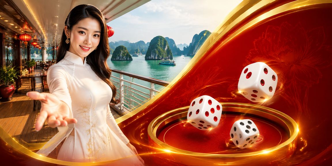 Phong cảnh Vịnh Hạ Long kết hợp với hình ảnh trò chơi tài xỉu và trang phục áo dài truyền thống Việt Nam